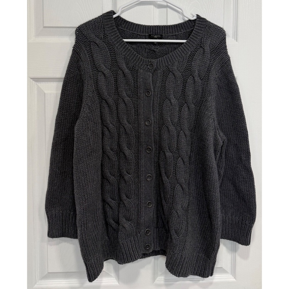 Talbots Woman 1X Charcoal Gray Cable Knit Cardigan Wool Blend Button Sweater